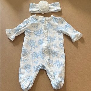 Little Me Blue and White Floral Footie with Headband